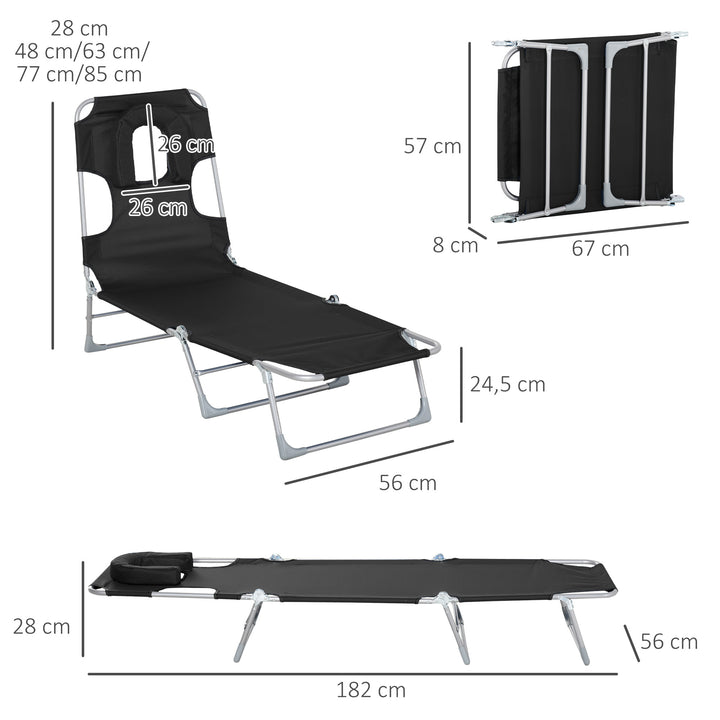 Espreguiçadeira de Jardim Reclinável e Dobrável com Orifício de Leitura Apoio para Cabeça e Encosto Ajustável em 5 Níveis para Praia 182x56x24,5 cm Preto