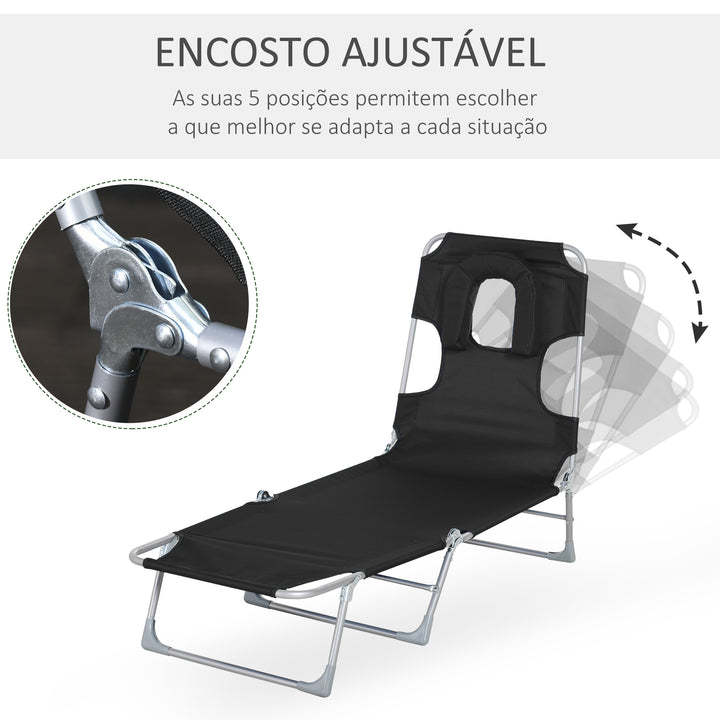 Espreguiçadeira de Jardim Reclinável e Dobrável com Orifício de Leitura Apoio para Cabeça e Encosto Ajustável em 5 Níveis para Praia 182x56x24,5 cm Preto