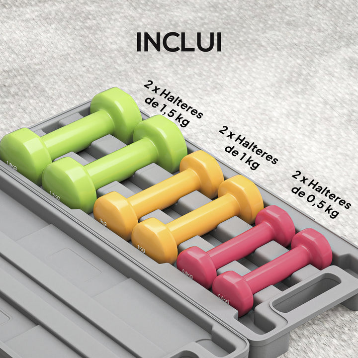 Conjunto de 6 Halteres Hexagonais 3 Pares de 1,5kg, 1kh e 0,5kg Conjunto de Halteres com Maleta de Transporte para Exercícios em Casa Academia Multicor