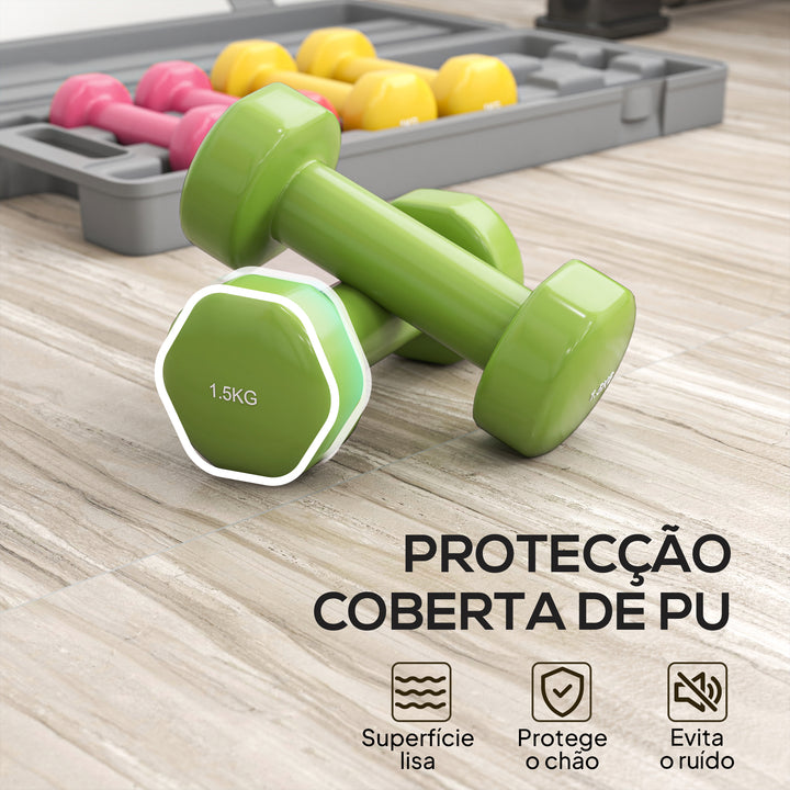 Conjunto de 6 Halteres Hexagonais 3 Pares de 1,5kg, 1kh e 0,5kg Conjunto de Halteres com Maleta de Transporte para Exercícios em Casa Academia Multicor