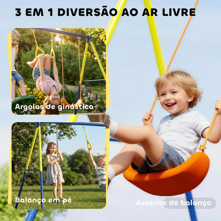 Baloiço Infantil 3 em 1 Baloiço com Argolas de Ginástica Suporta até 150 kg para Interior e Exterior Crianças dos 3 aos 8 Anos 285x160x181 cm Multicolor
