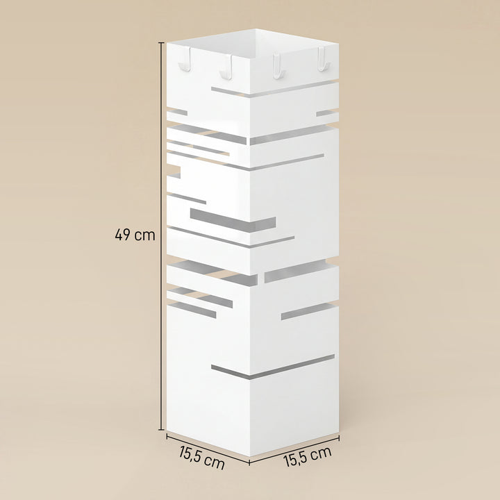 Suporte para Guarda Chuva Metálico com 4 Ganchos e Bandeja de Recolha de Gotas Removível Porta Guarda Chuva Branco para Entrada Escritório 15,5x15,5x49 cm Branco