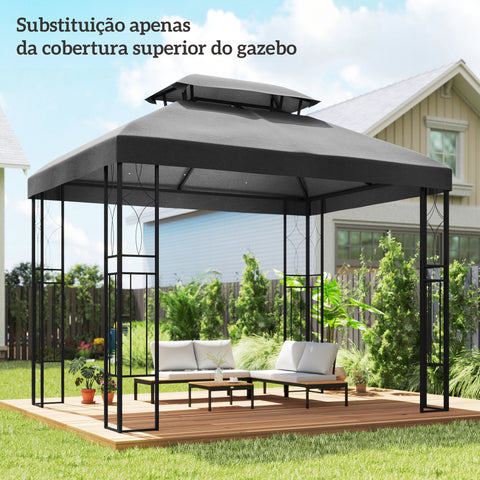 Teto de Substituição para Pérgola 3x4 m com Teto Duplo, 10 Orifícios de Drenagem e Proteção UV, Apenas Cobertura de Substituição, Cor Cinza