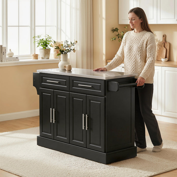 Ilha de Cozinha com Rodas Carrinho de Cozinha com Bancada de Aço Inoxidável 2 Gavetas 4 Portas 2 Prateleiras Ajustáveis Suporte para Especiarias e Toalheiro 145x45x93 cm Preto