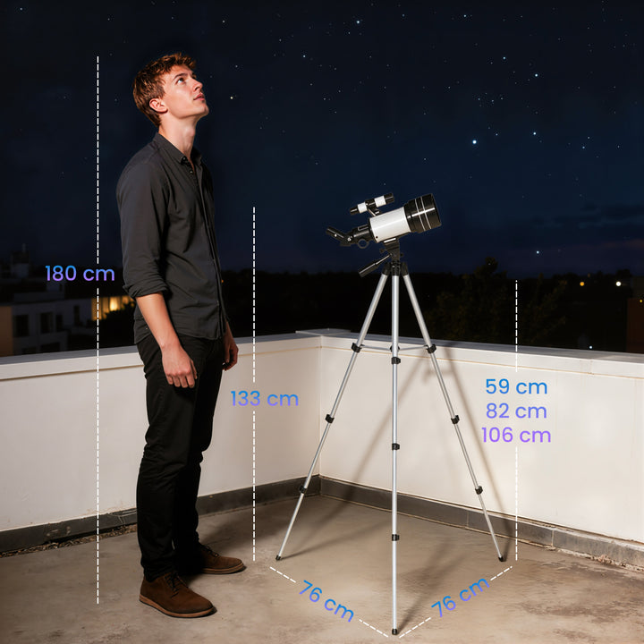 Telescópio Astronómico para Adultos e Principiantes Abertura de 70 mm 30X-300X 300 mm Portátil com Lente Barlow 3X Nível e Tripé Ajustável de Alumínio Branco e Preto
