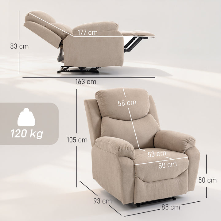 Poltrona Reclinável Manual com Tecido de Aspeto em Linho Poltrona Reclinável Moderna com Almofada Espessa Apoio para os Braços Acolchoados e Apoio para os Pés 85x93x105 cm Bege