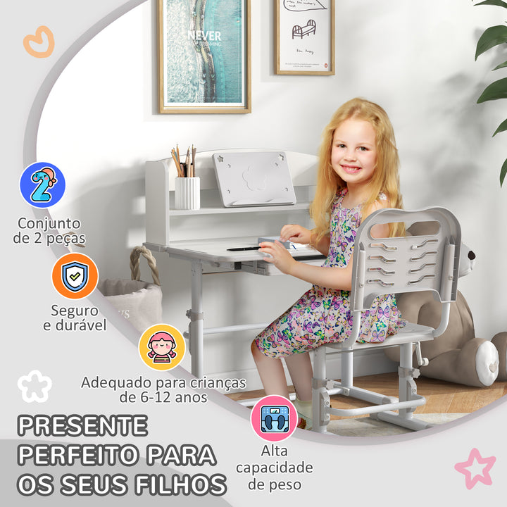 Conjunto de Secretária e Cadeira para Crianças de 6-12 Anos Secretária para Crianças com Altura Ajustável com 1 Gaveta 1 Prateleira para Livros e Ângulo da Mesa Ajustável 80x54,5x82-104 cm Cinza e Branco