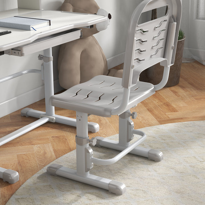 Conjunto de Secretária e Cadeira para Crianças de 6-12 Anos Secretária para Crianças com Altura Ajustável com 1 Gaveta 1 Prateleira para Livros e Ângulo da Mesa Ajustável 80x54,5x82-104 cm Cinza e Branco