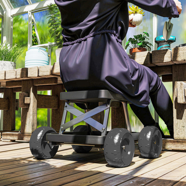 Assento de Jardim com Rodas Banco de Jardinagem com Bandeja de Ferramentas Carrinho de Trabalho Carga 130 kg para Pátio Exterior 50x49x32 cm Preto