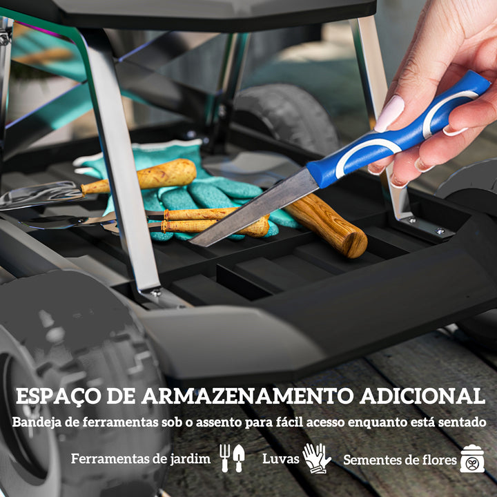Assento de Jardim com Rodas Banco de Jardinagem com Bandeja de Ferramentas Carrinho de Trabalho Carga 130 kg para Pátio Exterior 50x49x32 cm Preto