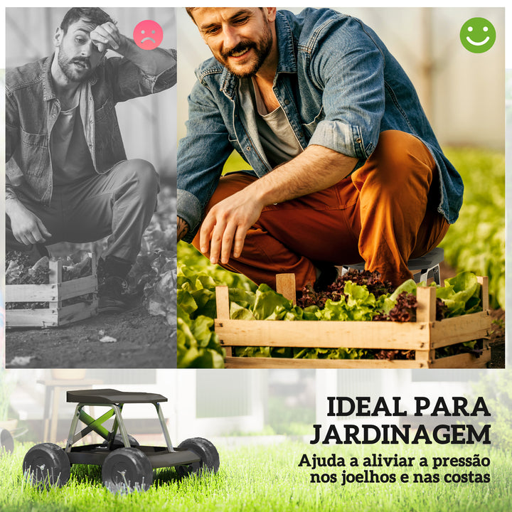 Assento de Jardim com Rodas Banco de Jardinagem com Bandeja de Ferramentas Carrinho de Trabalho Carga 130 kg para Pátio Exterior 50x49x32 cm Preto