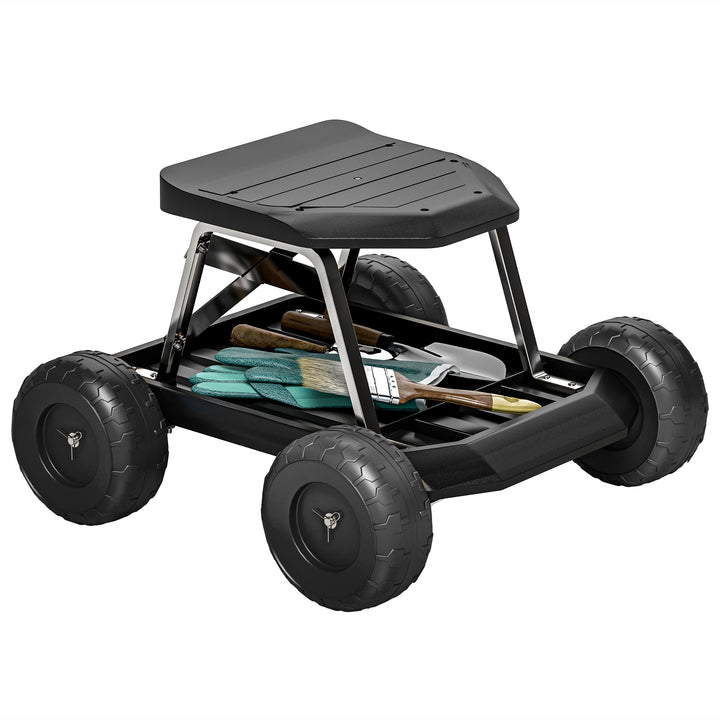 Assento de Jardim com Rodas Banco de Jardinagem com Bandeja de Ferramentas Carrinho de Trabalho Carga 130 kg para Pátio Exterior 50x49x32 cm Preto