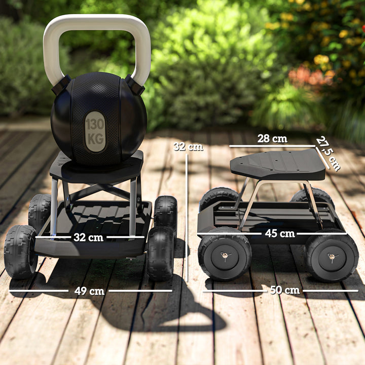 Assento de Jardim com Rodas Banco de Jardinagem com Bandeja de Ferramentas Carrinho de Trabalho Carga 130 kg para Pátio Exterior 50x49x32 cm Preto