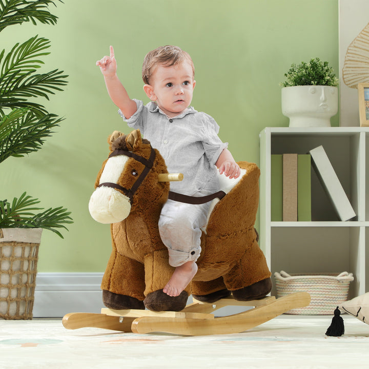 Cavalo Baloiço para Crianças de 18-36 Meses Cavalo Baloiço de Brincar com Sons Cinto de Segurança e Base de Madeira Carga 25 kg 68x33x45 cm Marrom