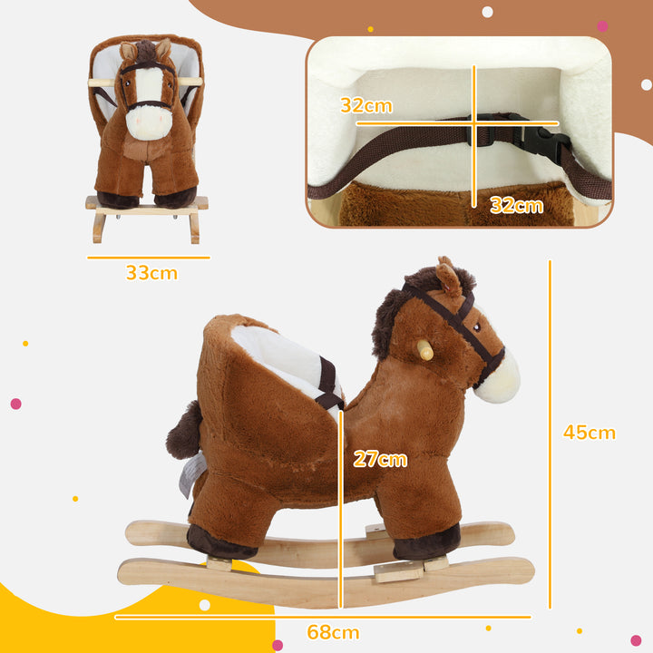 Cavalo Baloiço para Crianças de 18-36 Meses Cavalo Baloiço de Brincar com Sons Cinto de Segurança e Base de Madeira Carga 25 kg 68x33x45 cm Marrom