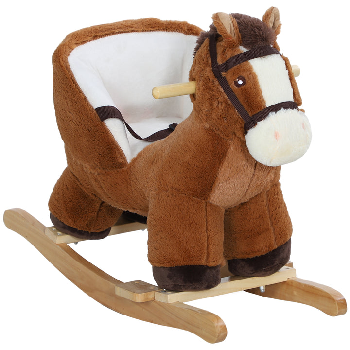 Cavalo Baloiço para Crianças de 18-36 Meses Cavalo Baloiço de Brincar com Sons Cinto de Segurança e Base de Madeira Carga 25 kg 68x33x45 cm Marrom