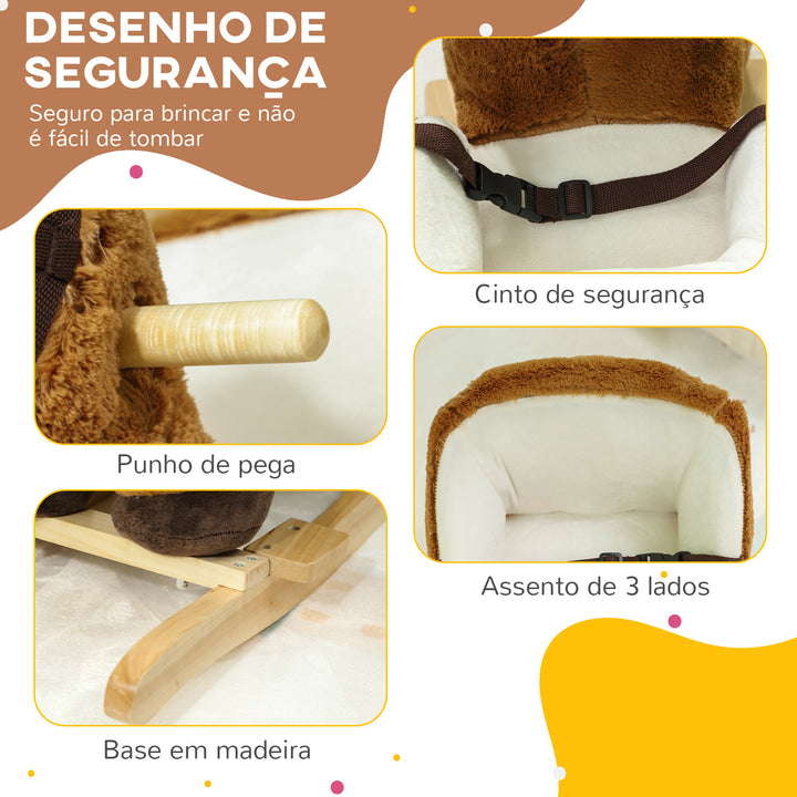 Cavalo Baloiço para Crianças de 18-36 Meses Cavalo Baloiço de Brincar com Sons Cinto de Segurança e Base de Madeira Carga 25 kg 68x33x45 cm Marrom