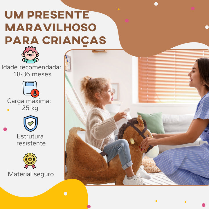 Cavalo Baloiço para Crianças de 18-36 Meses Cavalo Baloiço de Brincar com Sons Cinto de Segurança e Base de Madeira Carga 25 kg 68x33x45 cm Marrom