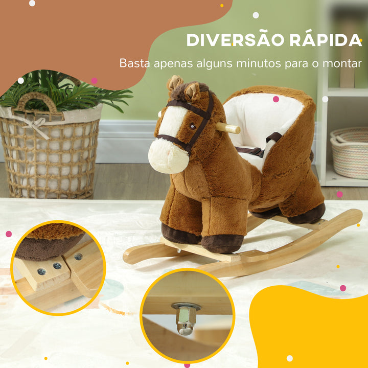 Cavalo Baloiço para Crianças de 18-36 Meses Cavalo Baloiço de Brincar com Sons Cinto de Segurança e Base de Madeira Carga 25 kg 68x33x45 cm Marrom