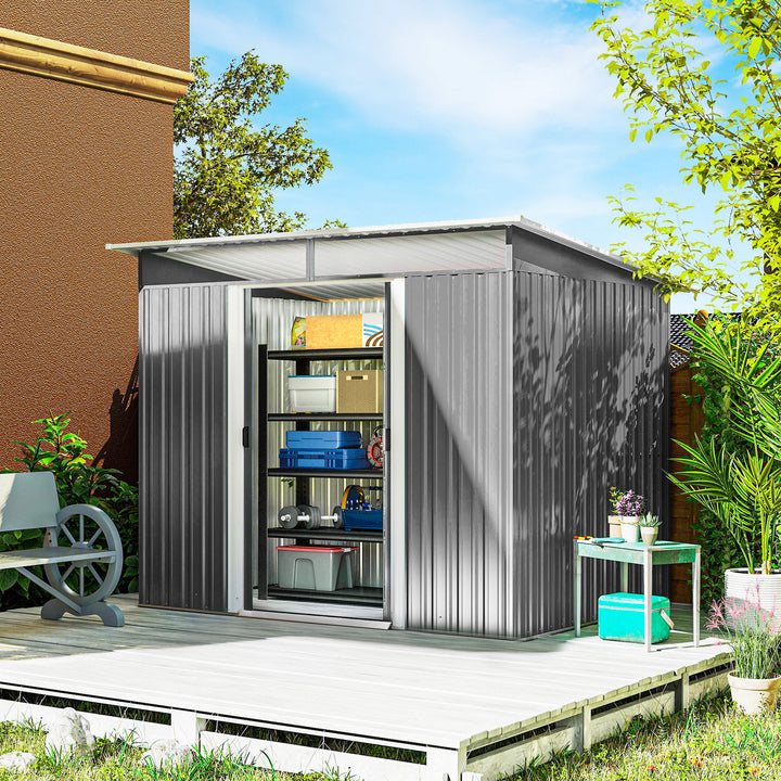 Abrigo de Jardim 4,5 m² 260x194x200 cm Abrigo Exterior Metálico com Painéis Frontais Transparentes e 2 Portas Deslizantes para Armazenamento de Ferramentas Cinzento