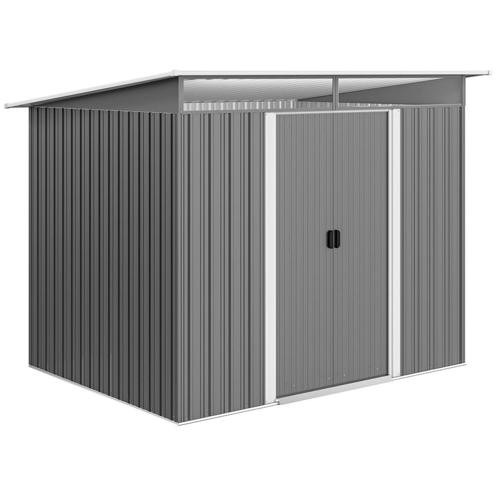 Abrigo de Jardim 4,5 m² 260x194x200 cm Abrigo Exterior Metálico com Painéis Frontais Transparentes e 2 Portas Deslizantes para Armazenamento de Ferramentas Cinzento