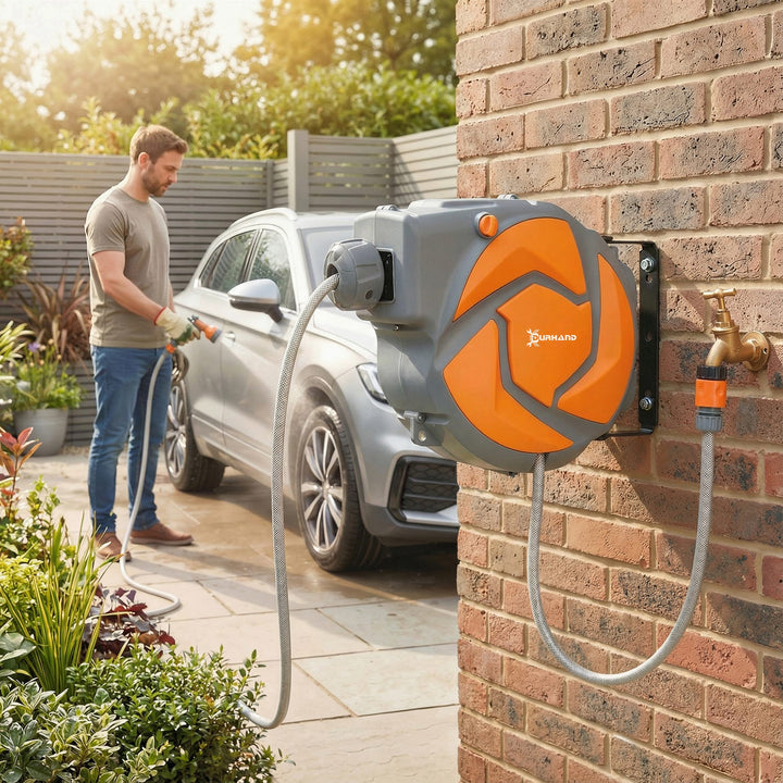 Carretel de Mangueira de Jardim 10+1 m com Bocal de 7 Funções, Mangueira Retrátil de Parede, Giratória a 180°, com Retorno Automático, Cinzento Escuro e Laranja