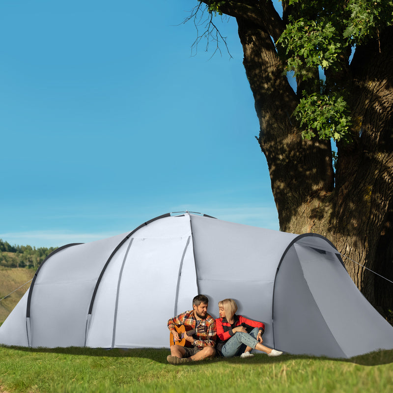 Tenda de Campismo Familiar para 4-6 Pessoas Tenda de Campismo Dobrável com 2 Janelas e Bolsa de Transporte Impermeável Anti-UV para Caminhadas 590x245x193 cm Cinza