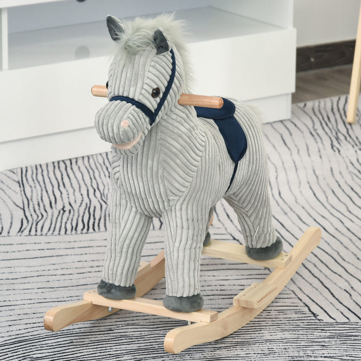 Baloiço Infantil de Cavalo para Crianças acima de 3 Anos Baloiço de Pelúcia com Sons de Relinchos e Galopes e Base de Madeira 73x35x64cm Azul e Cinza