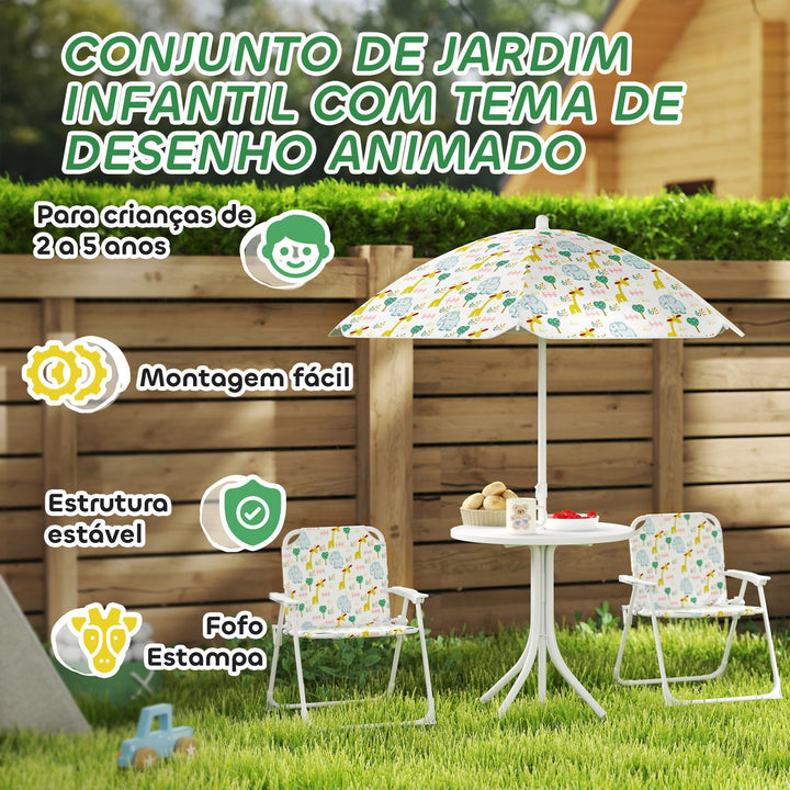 Conjunto Infantil de Mesa e Cadeiras de Jardim de 4 Peças Mesa Infantil com Cadeiras Dobráveis Chapéu de Sol Ajustável Design de Elefantes e Girafas Branco