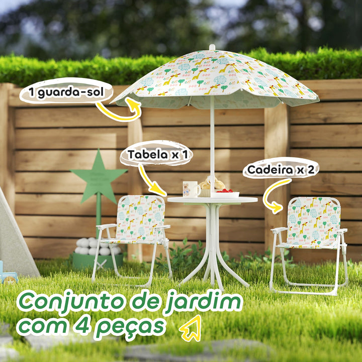 Conjunto Infantil de Mesa e Cadeiras de Jardim de 4 Peças Mesa Infantil com Cadeiras Dobráveis Chapéu de Sol Ajustável Design de Elefantes e Girafas Branco