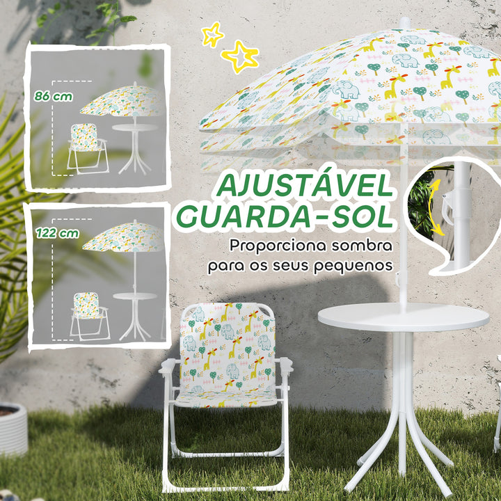 Conjunto Infantil de Mesa e Cadeiras de Jardim de 4 Peças Mesa Infantil com Cadeiras Dobráveis Chapéu de Sol Ajustável Design de Elefantes e Girafas Branco