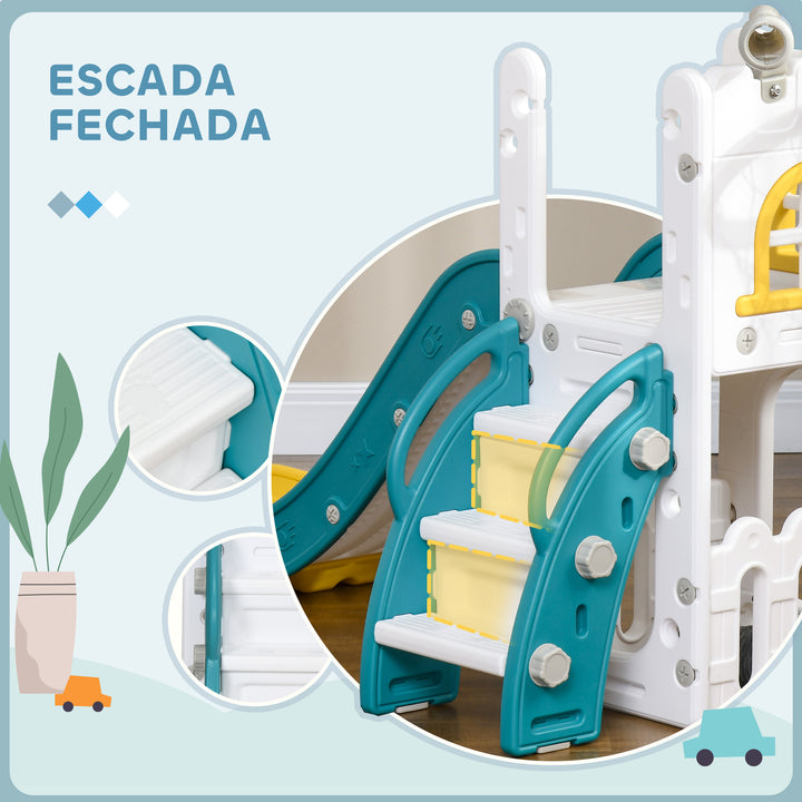 Escorrega Infantil 4 em 1 para Crianças de 1-3 Anos com Cesto de Basquetebol Telescópio Escalador e Espaço de Arrumação para Interior e Exterior 70x177x92 cm Amarelo e Verde