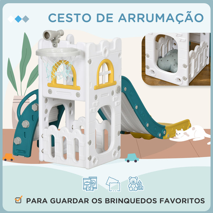 Escorrega Infantil 4 em 1 para Crianças de 1-3 Anos com Cesto de Basquetebol Telescópio Escalador e Espaço de Arrumação para Interior e Exterior 70x177x92 cm Amarelo e Verde