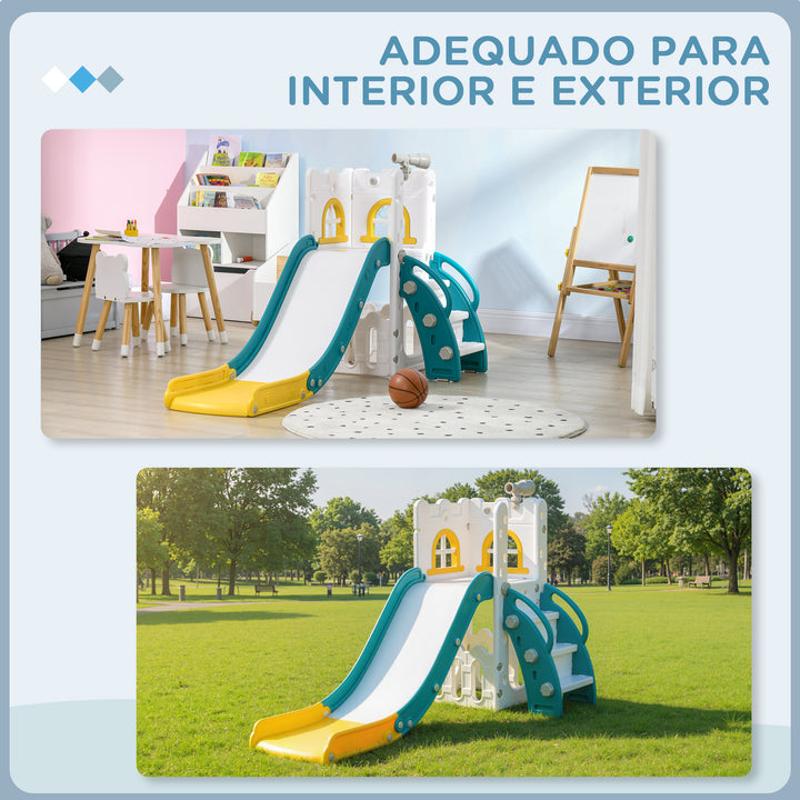 Escorrega Infantil 4 em 1 para Crianças de 1-3 Anos com Cesto de Basquetebol Telescópio Escalador e Espaço de Arrumação para Interior e Exterior 70x177x92 cm Amarelo e Verde