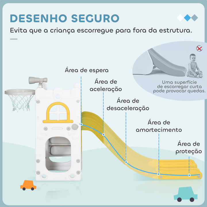 Escorrega Infantil 4 em 1 para Crianças de 1-3 Anos com Cesto de Basquetebol Telescópio Escalador e Espaço de Arrumação para Interior e Exterior 70x177x92 cm Amarelo e Verde