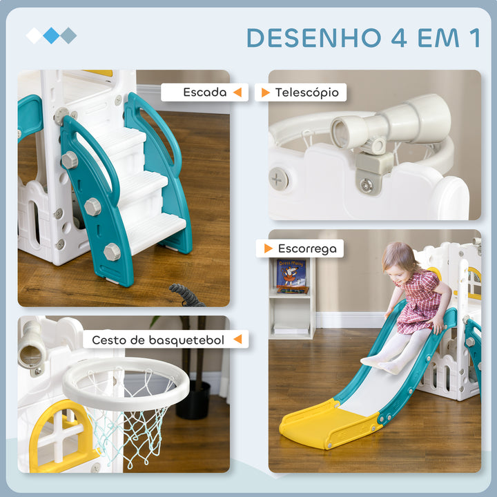 Escorrega Infantil 4 em 1 para Crianças de 1-3 Anos com Cesto de Basquetebol Telescópio Escalador e Espaço de Arrumação para Interior e Exterior 70x177x92 cm Amarelo e Verde