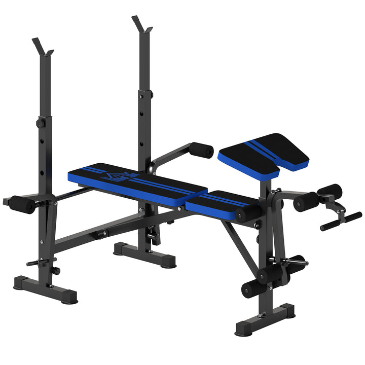 Banco de Musculação Multifuncional com Encosto Ajustável, Suporte para Barras Regulável, Extensão de Pernas, Curl de Pregador, Borboleta, Treino para Casa e Ginásio, Azul