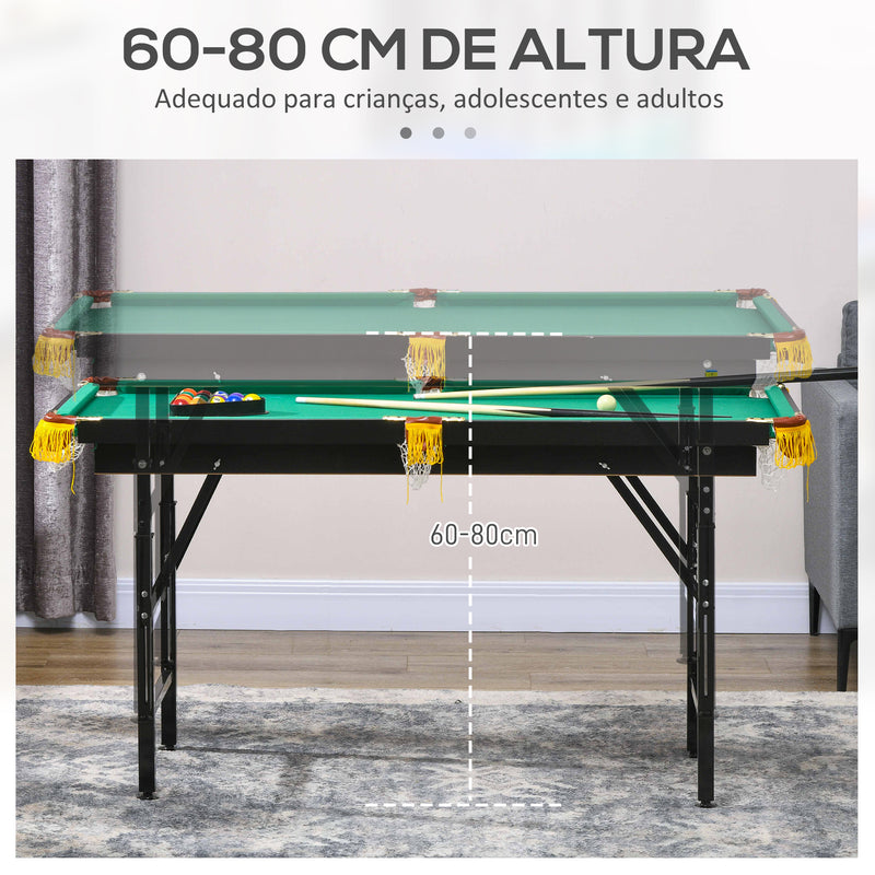 2 em 1 Mesa Multijogos para Crianças de 6+ Anos Mesa de Bilhar e Ping Pong Dobrável com Altura Ajustável e Acessórios 140x63x60-80 cm Multicolor