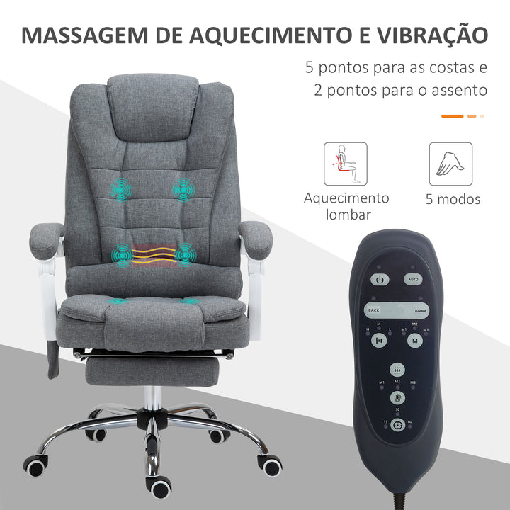 Cadeira de Massagem com 6 Pontos de Massagem Cadeira de Escritório Reclinável com Altura Ajustável Função de Aquecimento Apoio para os Pés e Controlo Remoto 65x70x111-119 cm Cinza