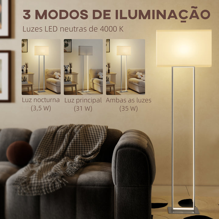 Candeeiro de Pé Moderno 150 cm Candeeiro de Pé para Sala de Estar com Ecrã de Tecido Luz Noturna Interruptor de Pé e Base Metálica para Dormitório Escritório Sala de Estar 45x15x150 cm Branco