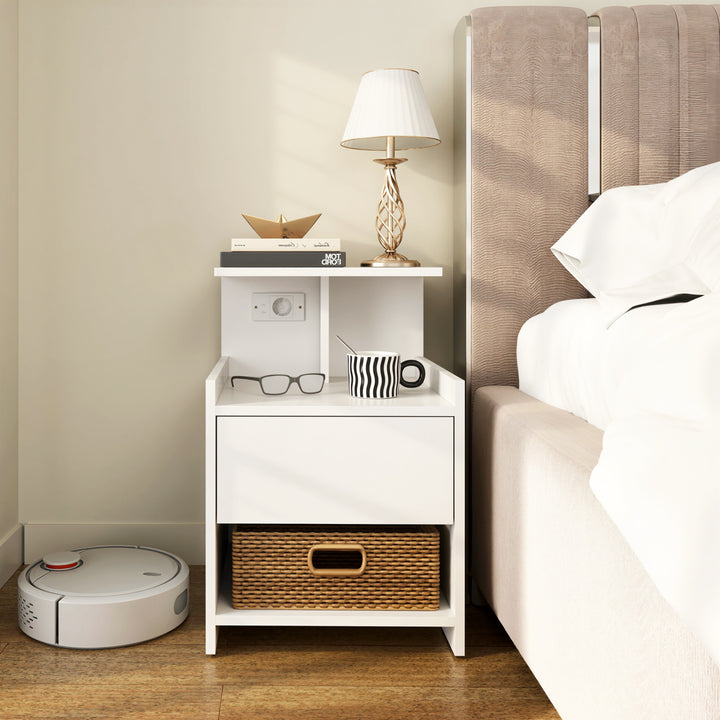 Mesa de Cabeceira com Estação de Carregamento Mesa de Cabeceira com Portos USB Gaveta e Prateleiras Abertas para Sala Estudio 40x40x60 cm Branco
