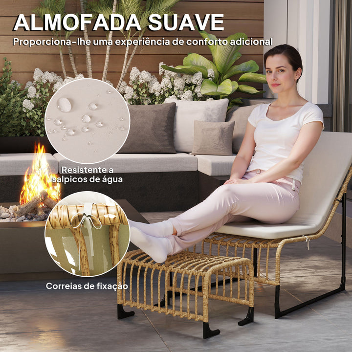 Conjunto de Poltrona de Jardim com Apoio para os Pés de Vime Sintético Poltrona para Exterior com Almofada Acolchoada e Estrutura de Aço 65x93x80 cm Madeira e Bege