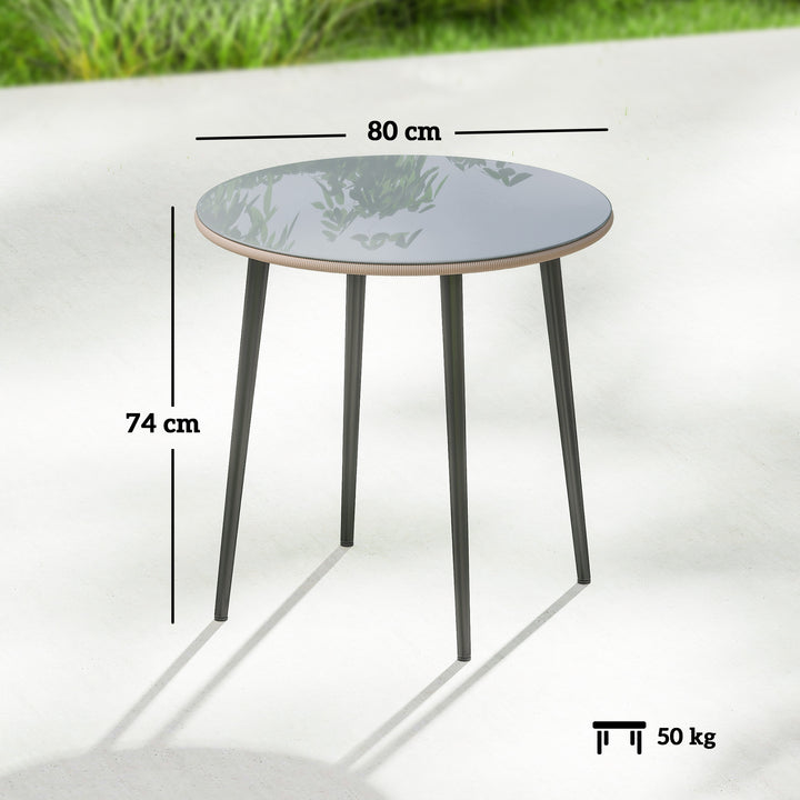 Mesa de Jantar de Jardim Redonda com Tampo de Vidro Temperado e Borda em Vime Estrutura de Aço 80x80x74 cm Carga 50 kg para Pátio Varanda Cinzento