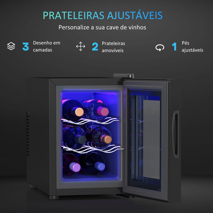 Cave de Vinho para 6 Garrafas com Luz LED Interior Ecrã Tátil Digital Controlo de Temperatura Porta de Vidro Temperado com Proteção UV e 2 Prateleiras Ajustáveis 26,5x51,5x39,3 cm Preto