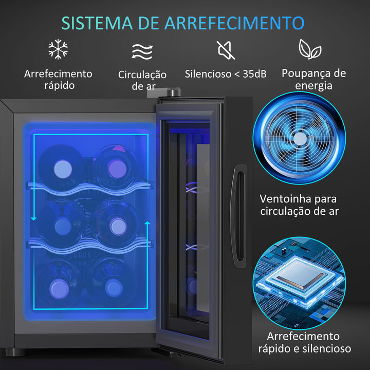Cave de Vinho para 6 Garrafas com Luz LED Interior Ecrã Tátil Digital Controlo de Temperatura Porta de Vidro Temperado com Proteção UV e 2 Prateleiras Ajustáveis 26,5x51,5x39,3 cm Preto
