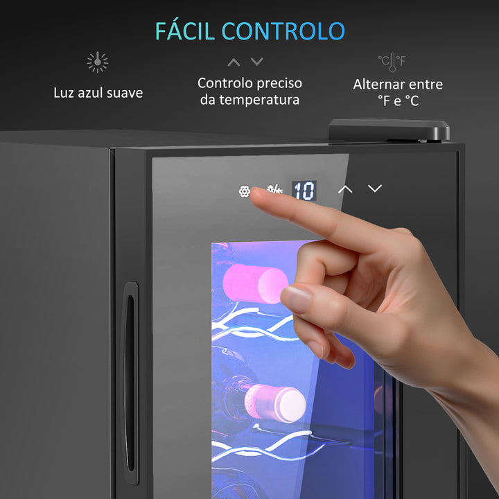 Cave de Vinho para 6 Garrafas com Luz LED Interior Ecrã Tátil Digital Controlo de Temperatura Porta de Vidro Temperado com Proteção UV e 2 Prateleiras Ajustáveis 26,5x51,5x39,3 cm Preto