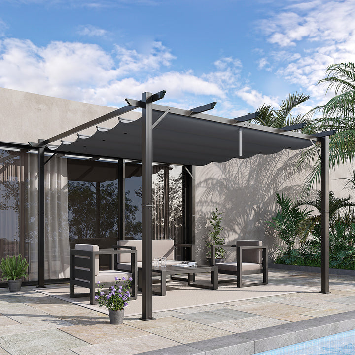 Pérgola de Jardim 3x3 m com Telhado Retrátil Pérgola de Exterior com Proteção UPF30+ Orifícios de Drenagem Estrutura de Alumínio Cobertura para Pátio Terraço Cinzento Escuro
