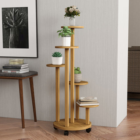 Suporte para Plantas em Bambu com Rodas de 5 Níveis Estante Redonda para Plantas para Cantos Suporte para Vasos Interior e Exterior 33x33x90 cm Madeira