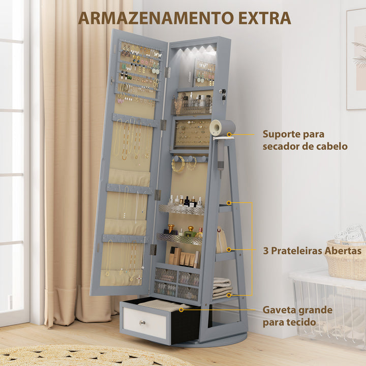 Espelho de Pé Giratório 360° com Espelho com Interior Iluminado Organizador de Jóias com Espelho de Corpo Inteiro Prateleiras e Gavetas para Quarto ou Closet 56x56x164 cm Cinza Claro