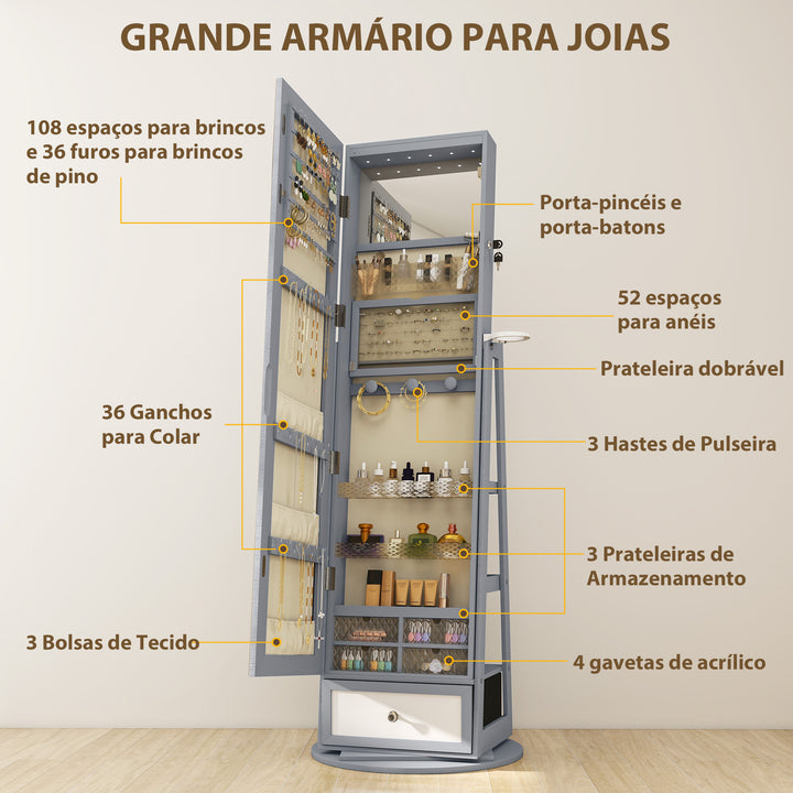 Espelho de Pé Giratório 360° com Espelho com Interior Iluminado Organizador de Jóias com Espelho de Corpo Inteiro Prateleiras e Gavetas para Quarto ou Closet 56x56x164 cm Cinza Claro